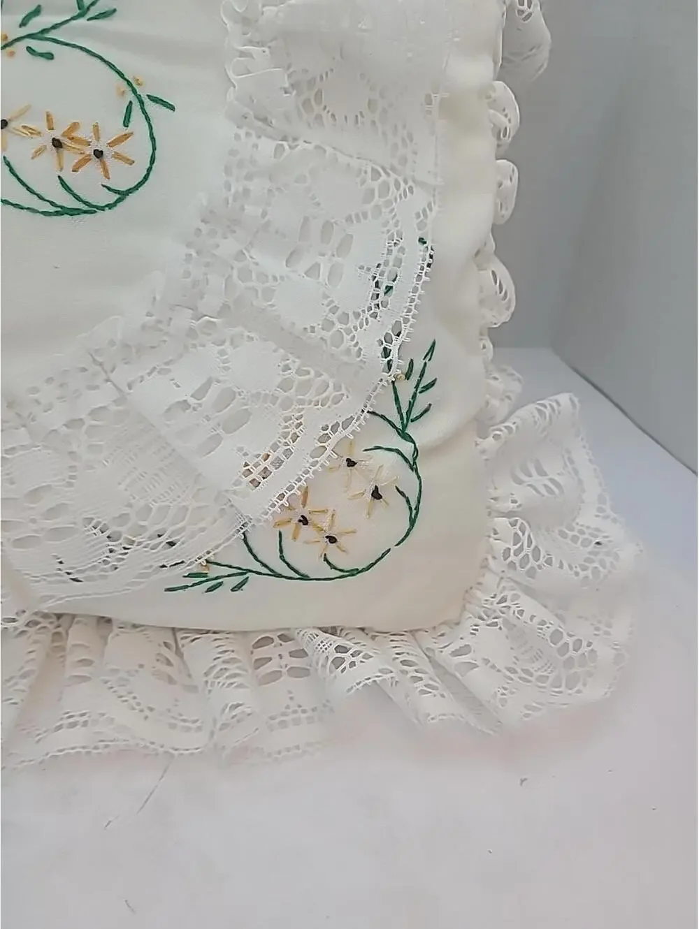 Shabby Chic Hand Stitched Embroidered Pillow With Lace Trim Cottagecore 12x12
